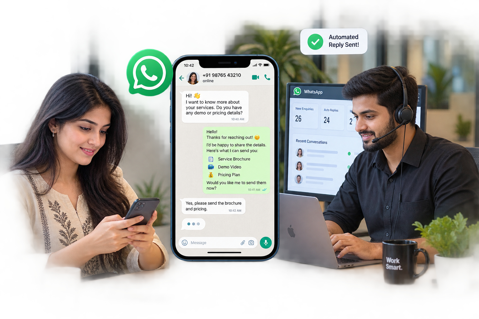 WhatsApp automation between an Indian customer and a Conversly support team